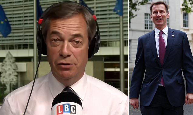 ‘EU won’t change one dot or comma’: Nigel Farage declares it is ‘absolute rubbish’ to suggest new Tory PM could renegotiate May’s Brexit deal as he blasts Jeremy Hunt’s No Deal u-turn