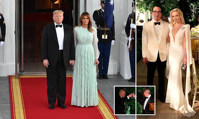 First Lady Melania stuns in a $6,000 ruffled gown alongside husband Donald as members of the Trump administration – including Kellyanne Conway, Steve Mnuchin and his wife Louise Linton – make a glamorous entrance at the White House State Dinner