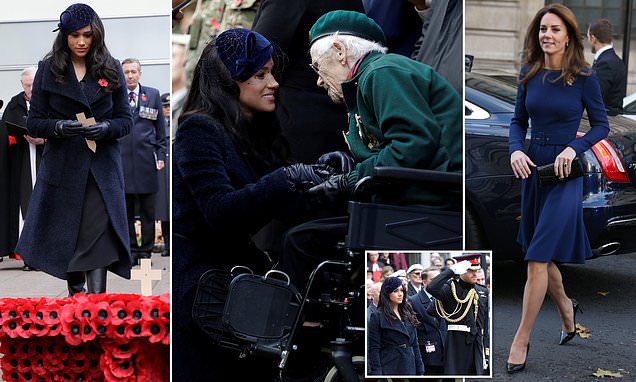 Duchesses honour Britain’s heroes: Meghan Markle pays tribute to Britain’s war dead as she joins Prince Harry at Westminster Abbey’s remembrance poppy field – while Kate and Prince William meet emergency crews from Grenfell fire and terror attacks