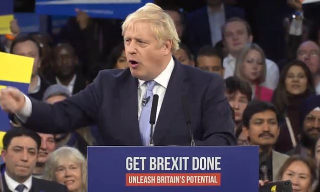 ‘It’s up to YOU now’: Boris Johnson makes final plea to voters as he hammers home Brexit vow at glitzy rally HOURS before election – with polls showing the Tories are still ahead but NOT guaranteed a majority